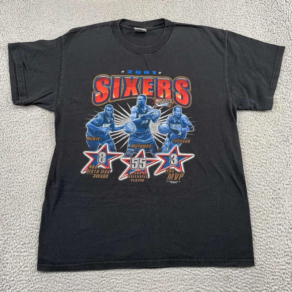 Philadelphia 76ers 2001 Iverson Mutombo McKie Graphic Delta T-Shirt Mens L Black